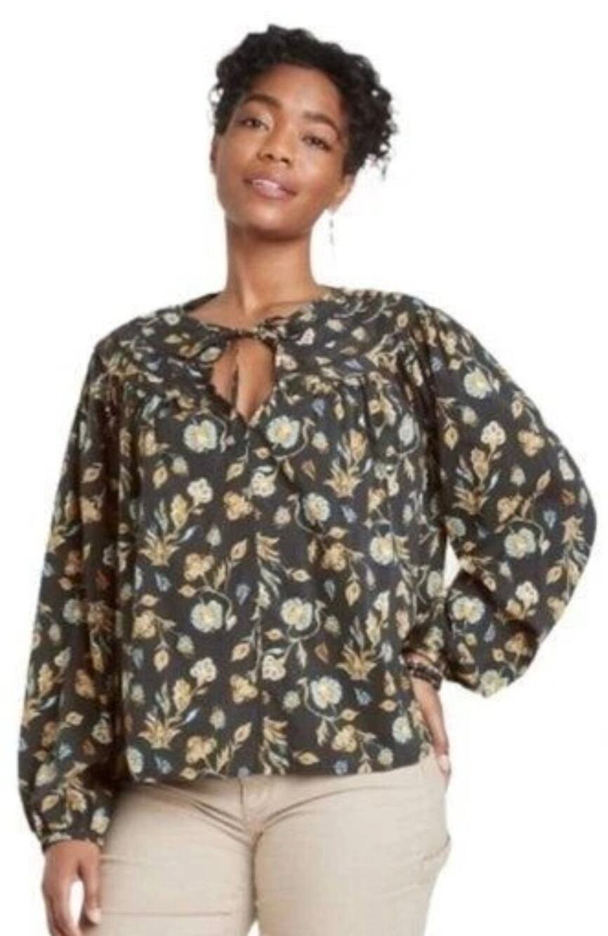 Universal Thread Gray Floral Cottage Blouse Womens Large Balloon Sleeve Boho Top